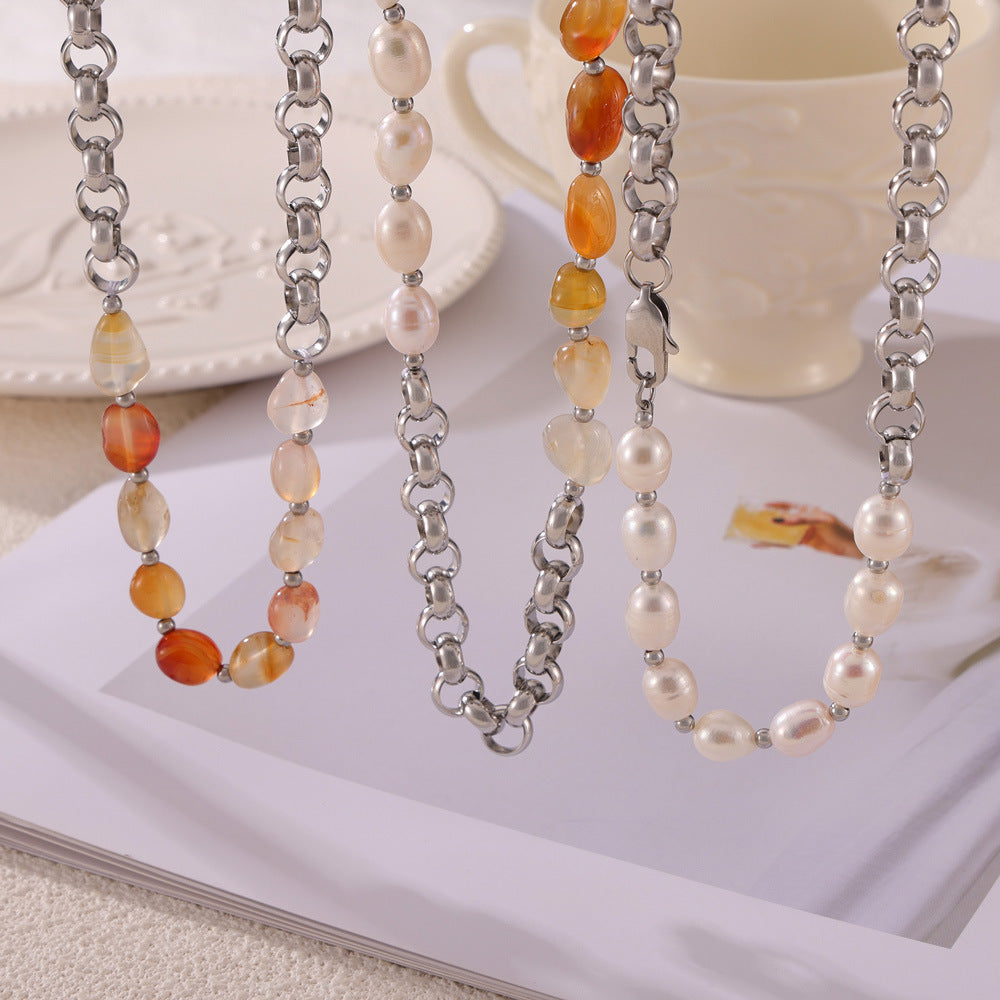 Simple individual cold wind light luxury jewelry freshwater pearl natural stone handmade beaded design titanium steel necklace pp