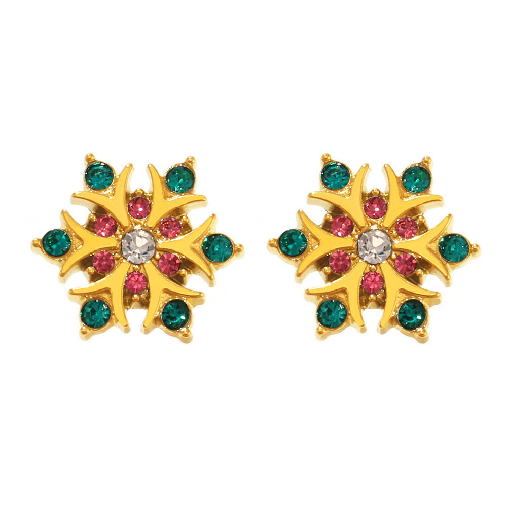 Handmade inlaid zircon snowflake stud earrings stainless steel plated 18K real gold niche fashion commuter earrings wholesale