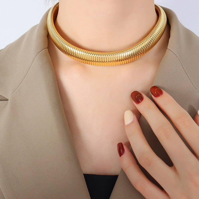 Exaggerated design personalized fashion necklace titanium steel electroplated 18K gold thick wide trend bracelet jewelry set