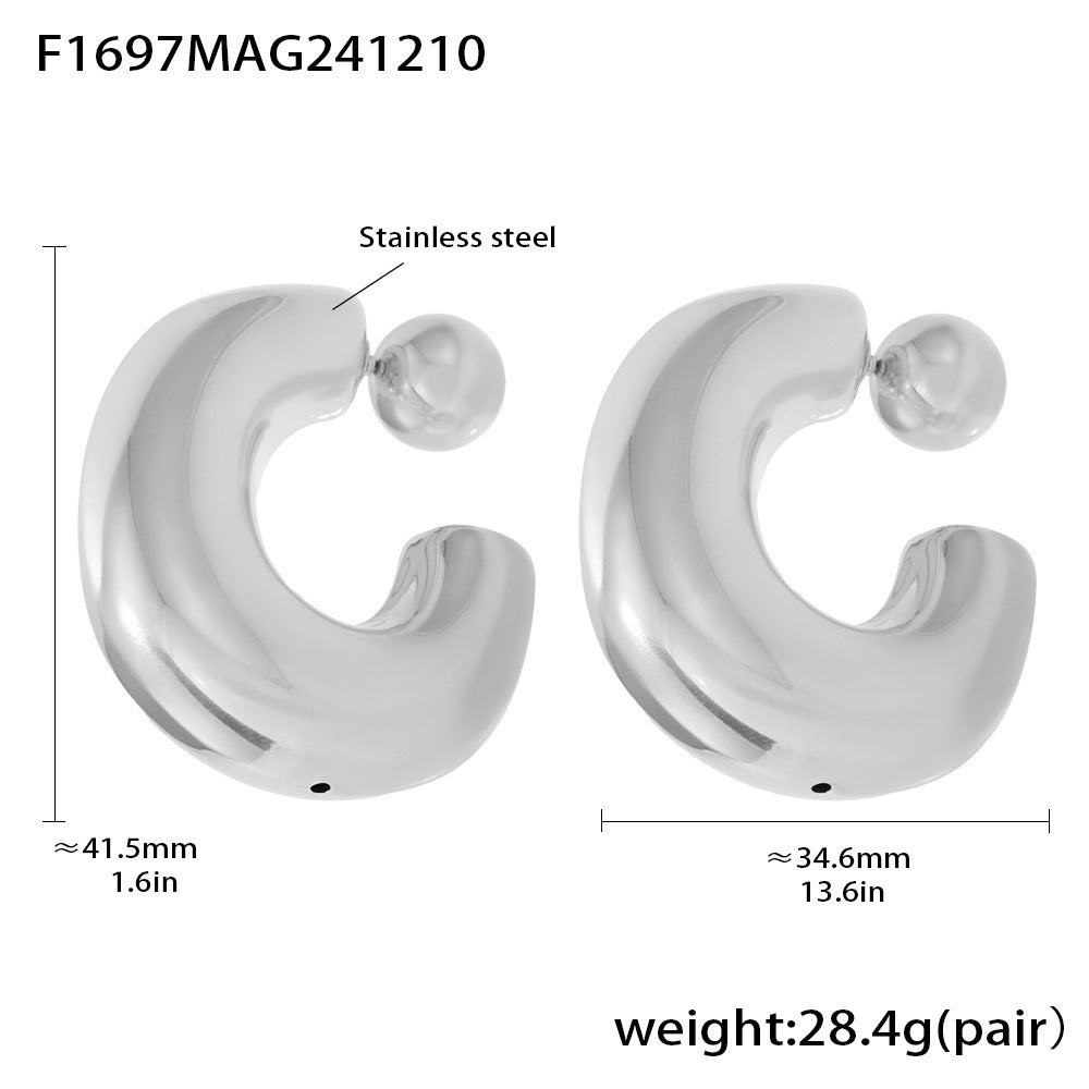C-type hollow high-texture fine-polished steel ball two-wear stud earrings PVD-plated 18K real gold personalized ear jewelry