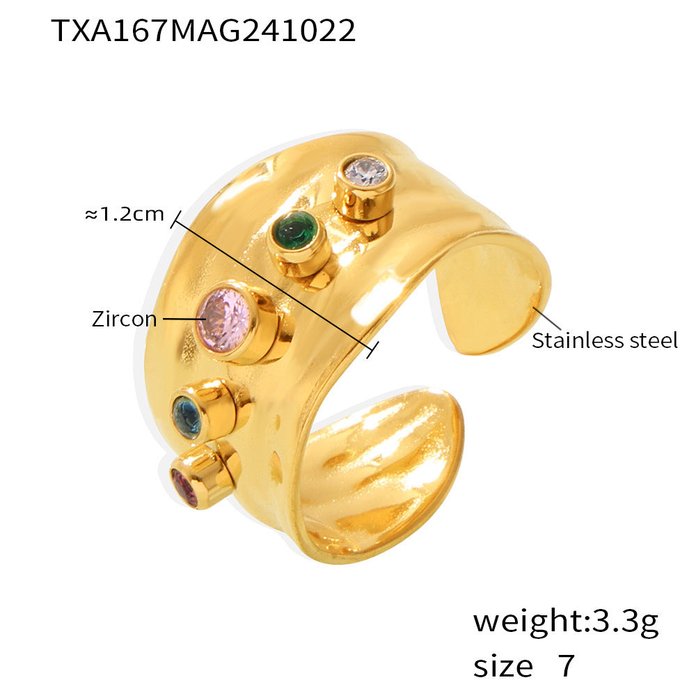 Mixed color zircon open ring women's C-shaped earrings stainless steel plated 18K real gold color retention jewelry set