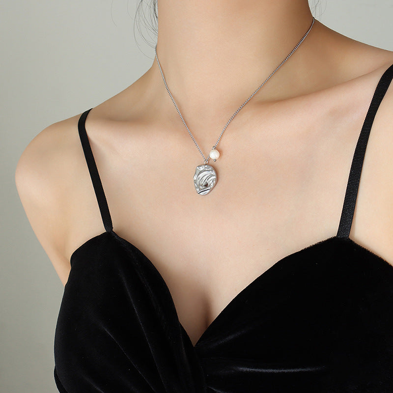 Creative Abstract Art Irregular Pendant Freshwater Pearl Necklace Women's Titanium Steel Gold Plated Jewelry P912