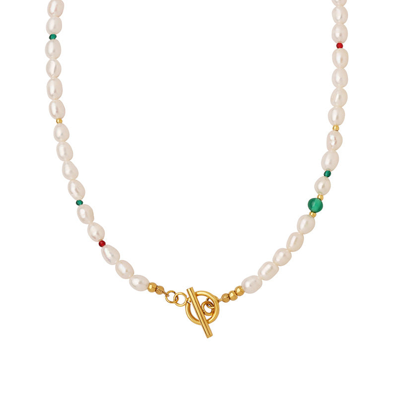 Natural agate glass stone freshwater pearl beaded necklace geometric OT buckle titanium steel fashion personalized jewelry