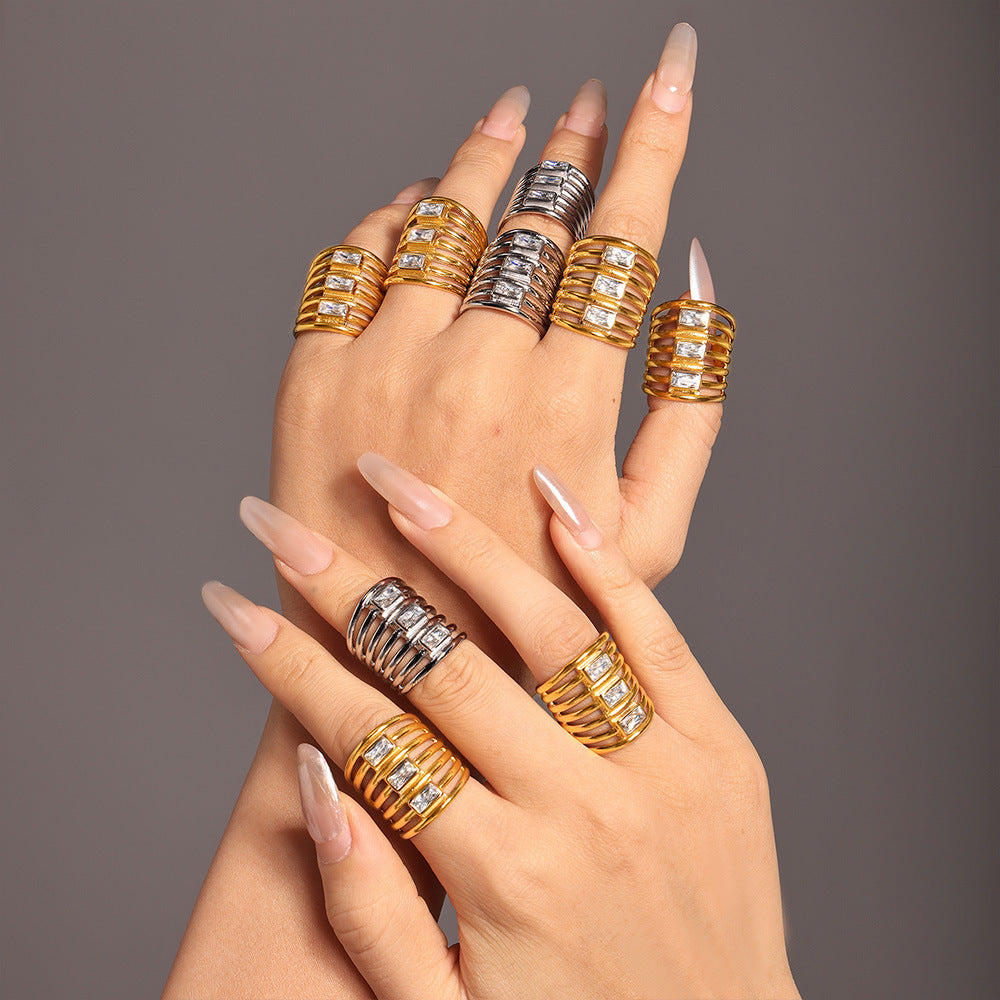 Multi-layer square zircon exaggerated ring women's fashion hollow versatile stainless steel gold-plated non-fading index finger ring pp