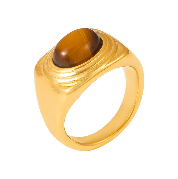 Vintage Textured Edge Oval Tiger's Eye Ring Titanium Steel Gold Plated Simple Light Luxury Index Finger Ring