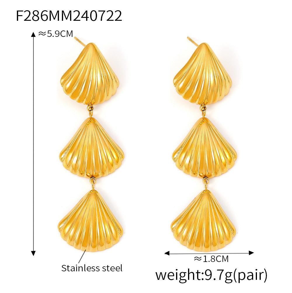 Cross-border ocean series beach wind three shell fringed earrings European and American retro temperament design stainless steel gold-plated