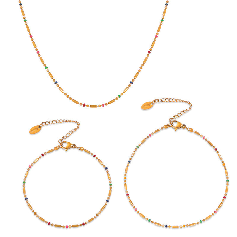 Fresh and elegant simple personality versatile commuter jewelry rice bead chain dripping oil design titanium steel jewelry set 99