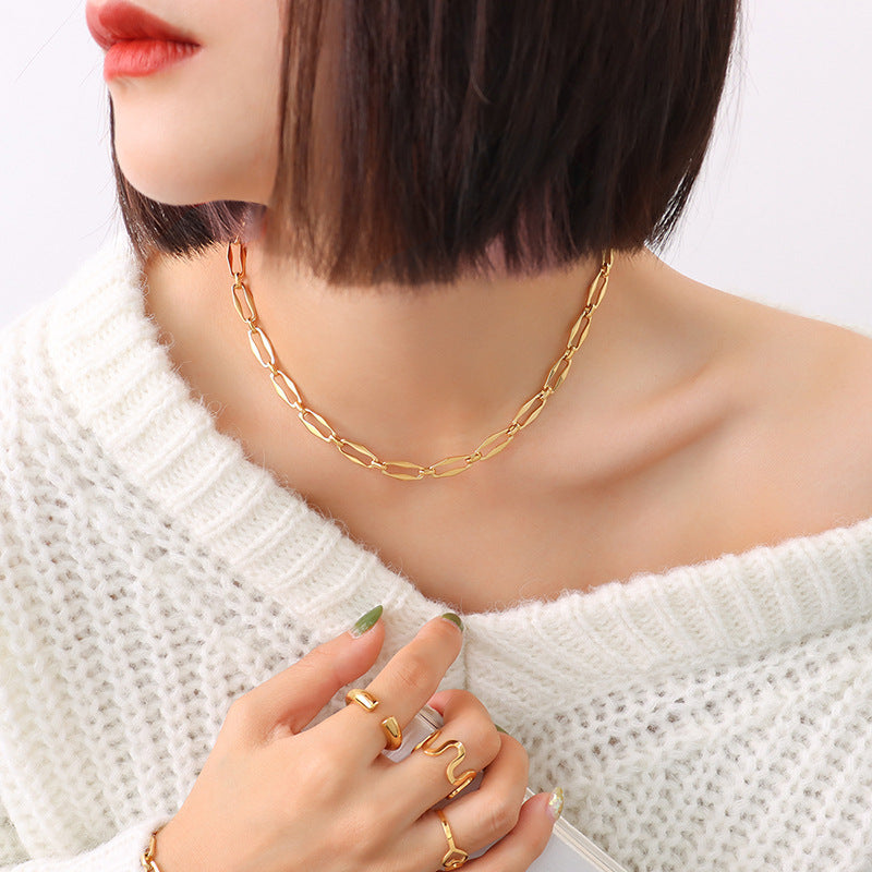 Hip-hop design geometric elements stacked simple bare chain titanium steel plated 18K gold bracelet accessories set pp