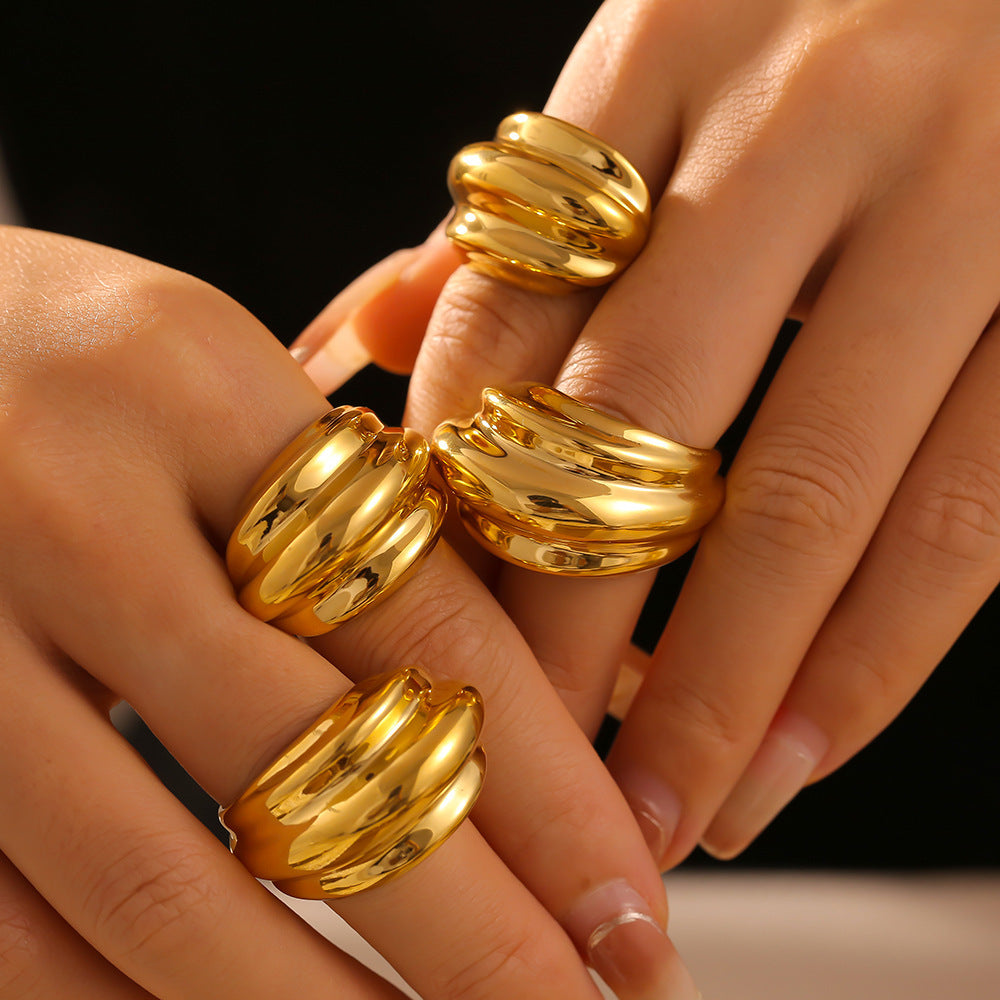Multi-level striped water drop opening ring retro personalized design titanium steel plated 18K gold jewelry pp
