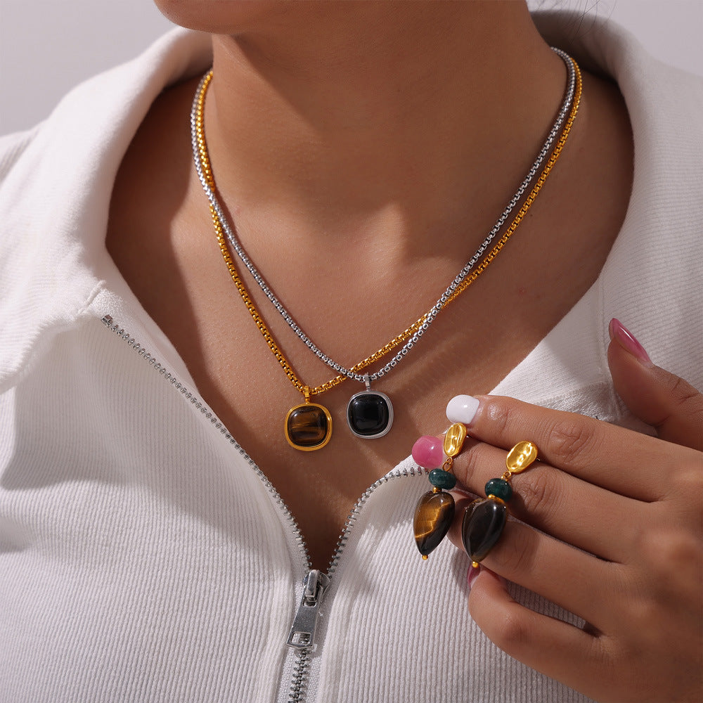 Retro niche light luxury jewelry inlaid with tiger's eye stone square pendant love titanium steel jewelry set