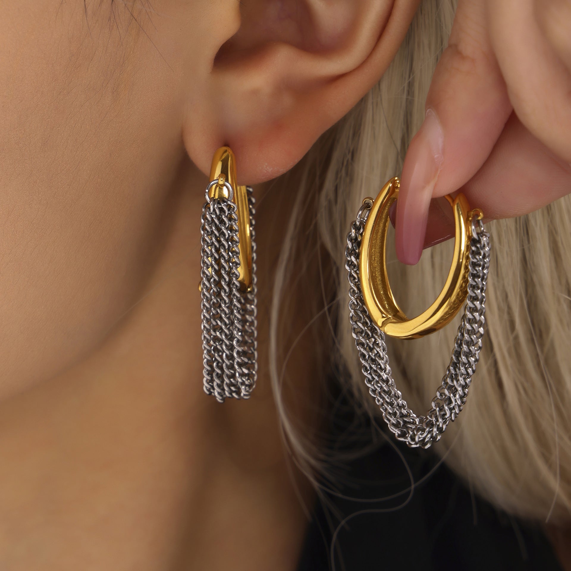 Stainless steel buckle multi-layer chain fringed earrings, electroplated PVD real gold jewelry spot