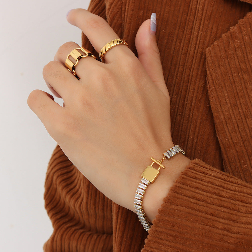 Cold wind light luxury simple lock head OT buckle zircon inlaid bracelet titanium steel plated 18K real gold jewelry 99