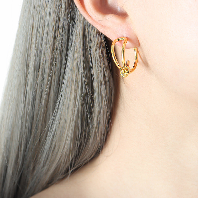 Unique creative personality niche design sense hot-selling rope knot earrings metal texture titanium steel gold-plated earrings pp