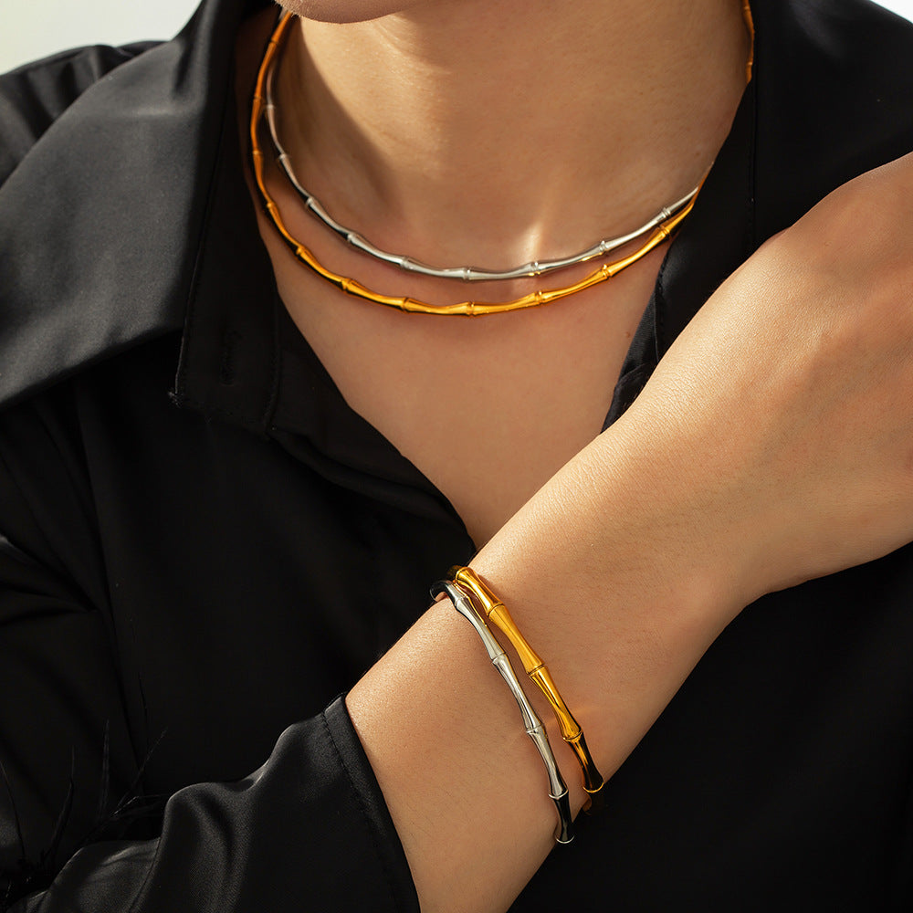 Personality, temperament, elegant and versatile jewelry, bamboo joint splicing design sense, titanium steel gold-plated jewelry set pp