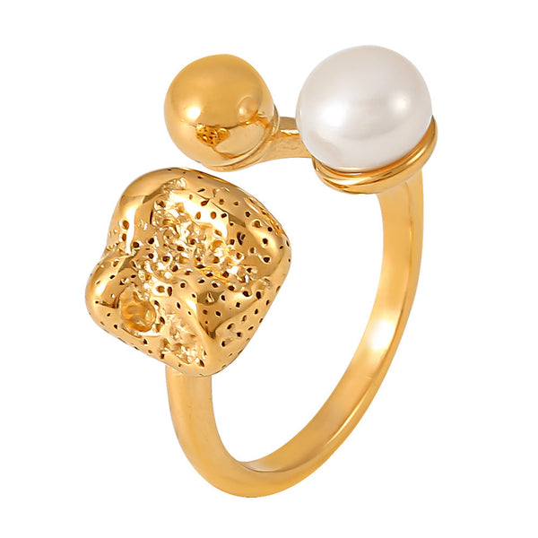 New Freshwater Pearl Ball Hollow Shaped Open Ring Titanium Steel 18K Gold Plated PVD Ring