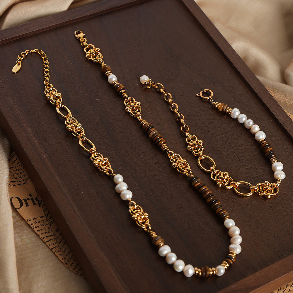 New court style light luxury retro natural tiger's eye stone freshwater pearl handmade beaded necklace bracelet jewelry