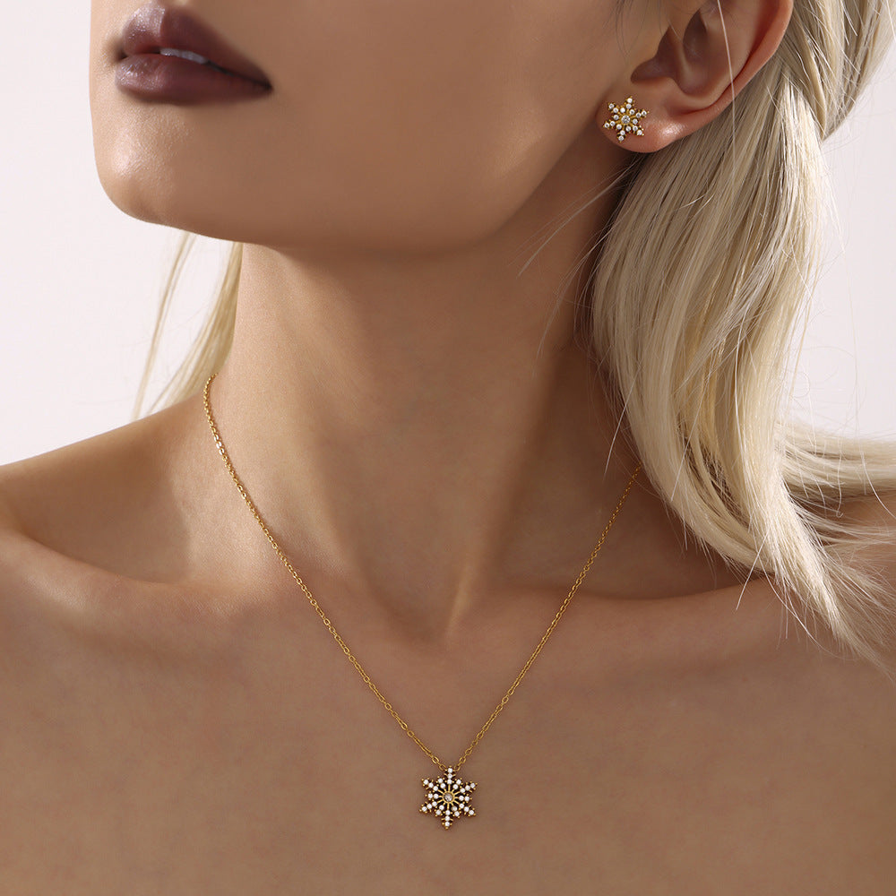 Colorful snowflake zircon necklace bracelet stud earrings set women's titanium steel full diamond jewelry does not fade jewelry wholesale