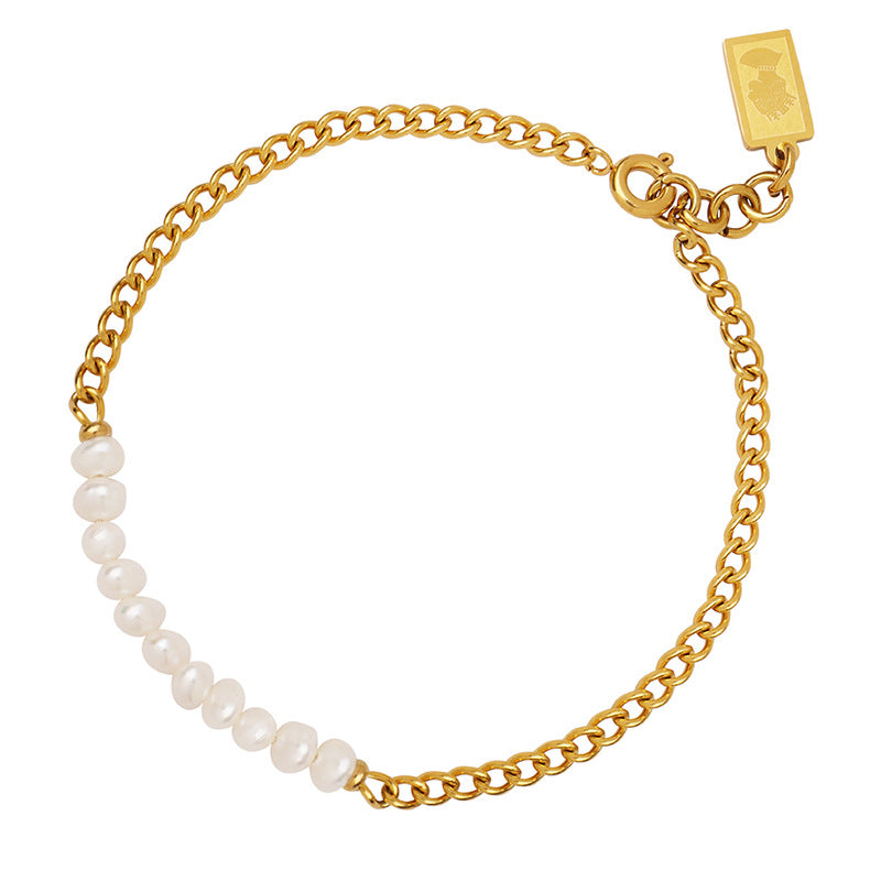 Simple girl girlfriend gift bracelet titanium steel gold-plated chain freshwater pearl beaded retro style does not fade hand jewelry pp