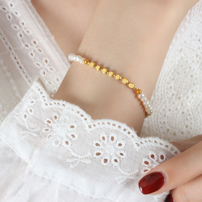 Chain temperament bright copper freshwater pearl bracelet light luxury does not fade fashion hand jewelry women