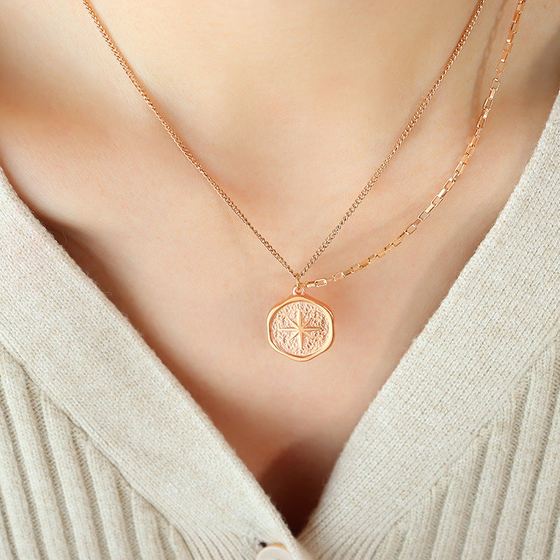 Octagram pendant necklace double chain plated 18k real gold titanium steel collarbone chain jewelry P574pp