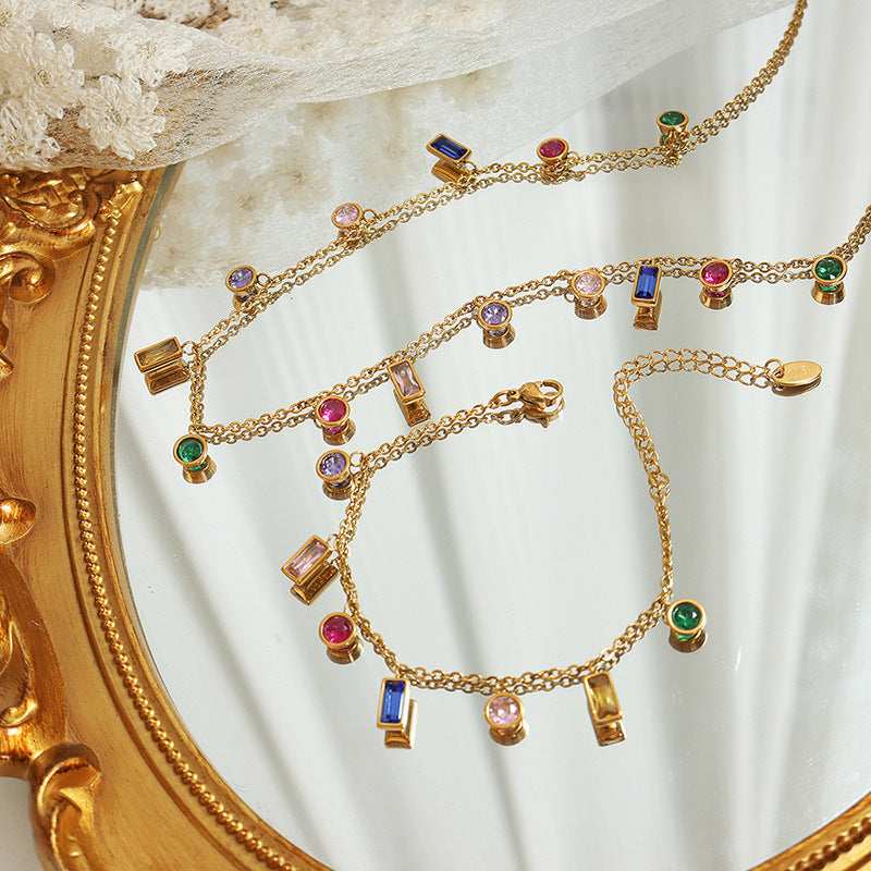 Non-fading light luxury multi-color zircon jewelry set fringed necklace niche design titanium steel bracelet 99