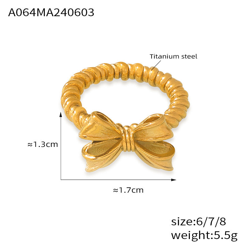 Stylish and simple personalized bow design ring geometric twist ring titanium steel gold-plated versatile index finger ring