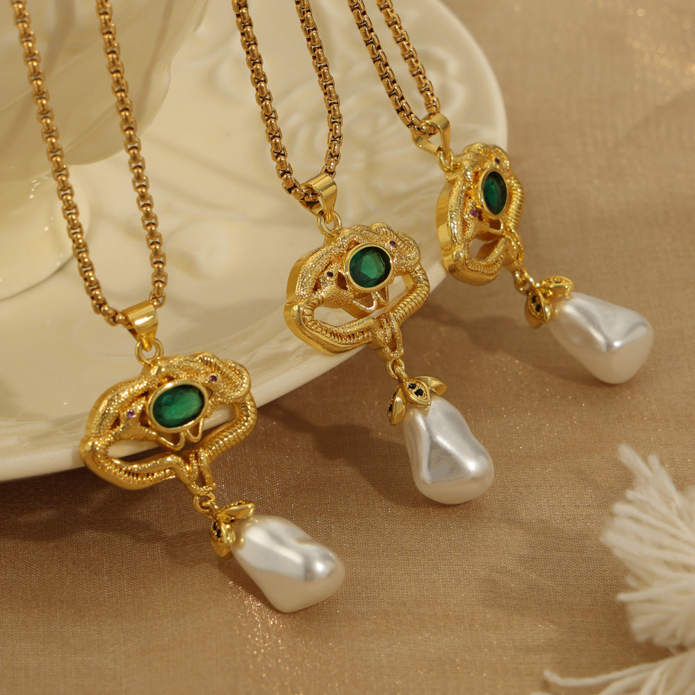 New cross-border retro court style light luxury copper material snake inlaid bead pendant necklace jewelry female pp