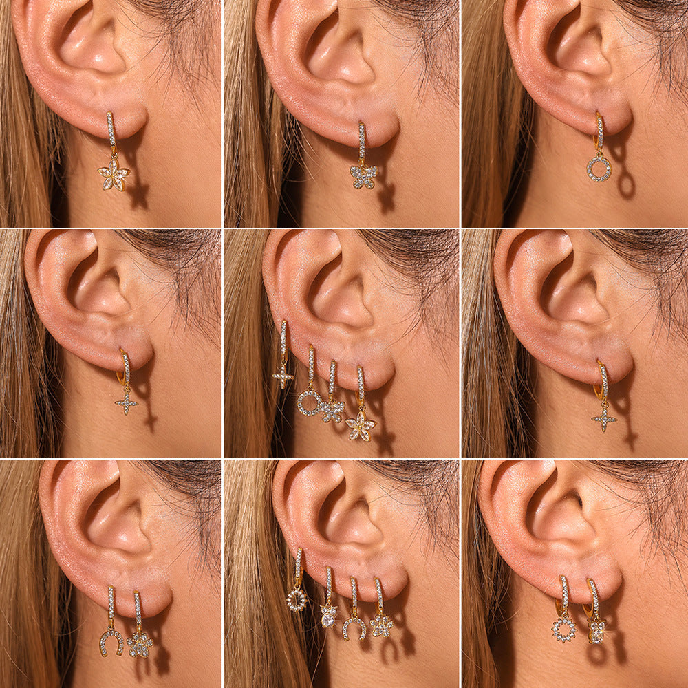 Geometric elements handmade zircon full diamond earrings PVD plating color retention niche trend jewelry
