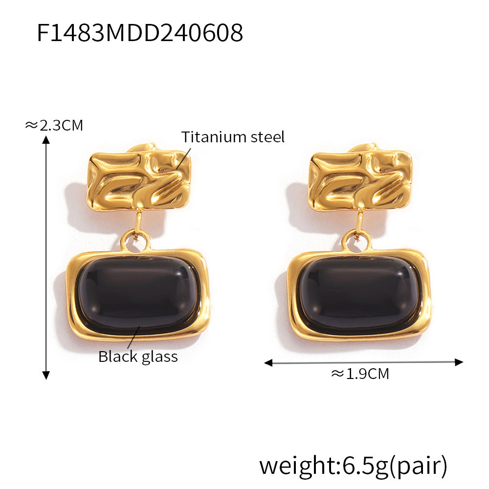 Wind retro niche pleated texture square brand earrings inlaid with black glass design titanium steel gold-plated earrings
