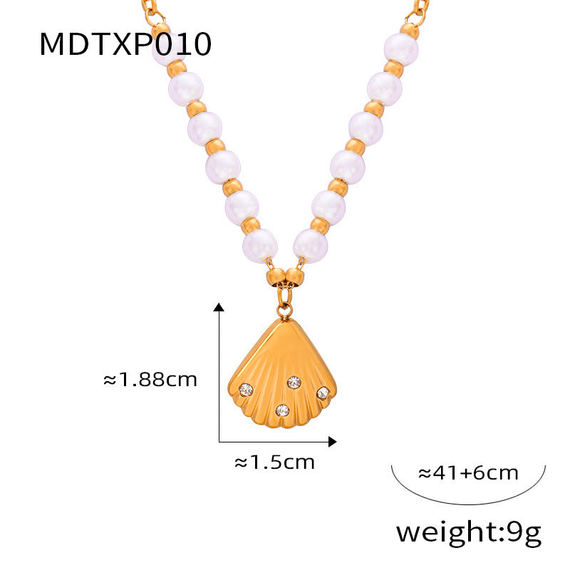 Personalized casual style jewelry with diamond shell shape design sense pendant, freshwater pearl titanium steel jewelry set pp