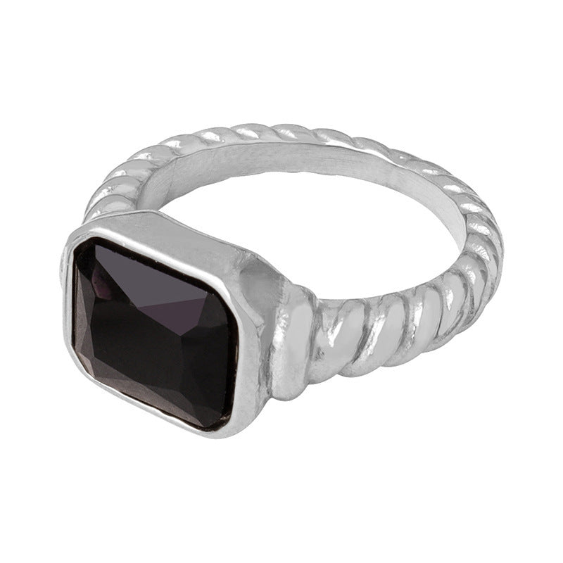 Internet celebrity textured inlaid shining section rectangular zircon light luxury personality high sense titanium steel ring 99