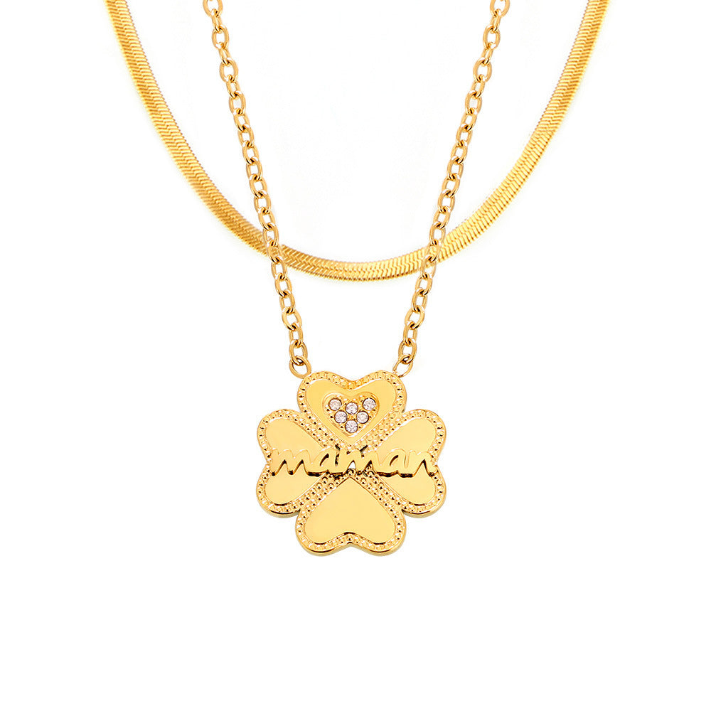 Love letter maman micro-inlaid zircon four-leaf flower double-layer collarbone necklace titanium steel temperament jewelry spot