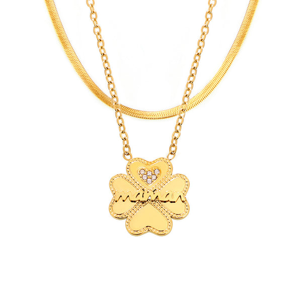 Love letter maman micro-inlaid zircon four-leaf flower double-layer collarbone necklace titanium steel temperament jewelry spot