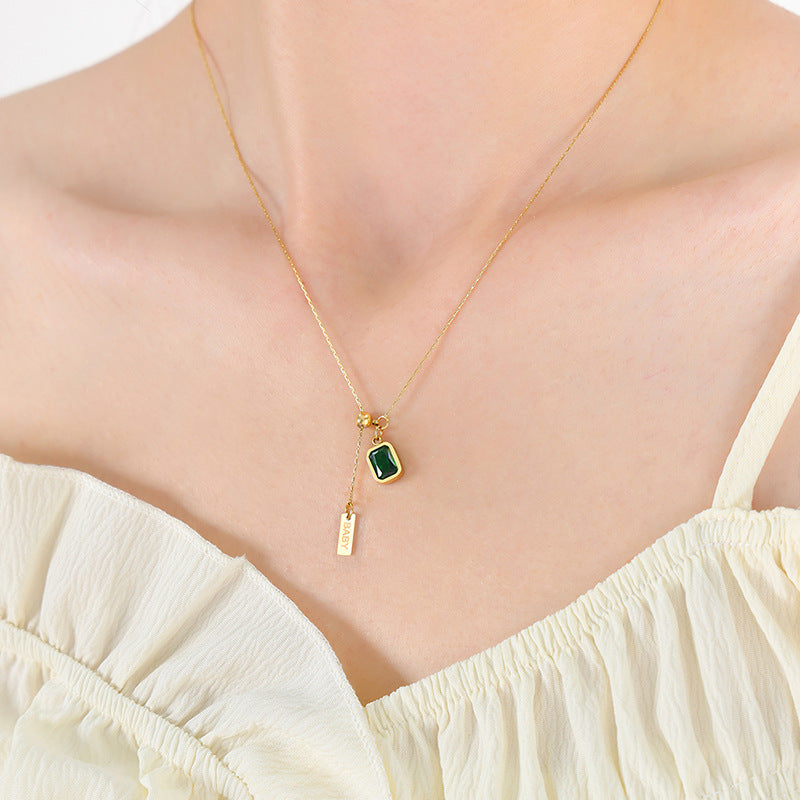 Vintage court emerald zircon tassel English letter simple necklace collarbone chain temperament girls jewelry
