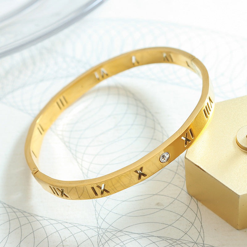 Zircon inlaid bracelet niche design wide version titanium steel plated 18k gold couple personality versatile bracelet female pp