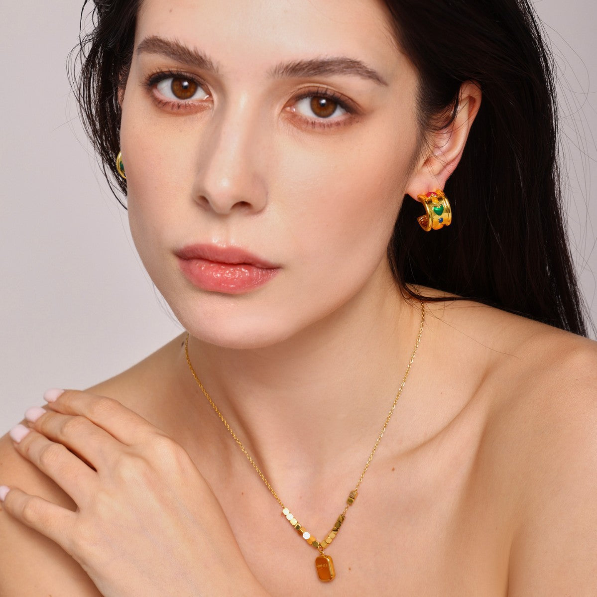 C-shaped love wide-sided earrings, new square brand lettering pendant necklace, titanium steel combination set wholesale