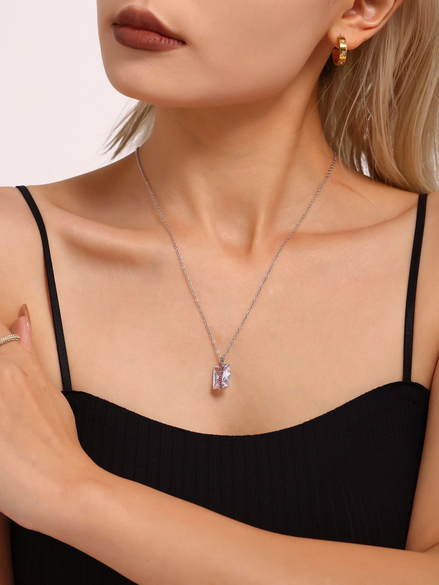 Full diamond oversized rectangular zircon collarbone necklace stainless steel PVD electroplating 18K real gold jewelry wholesale pp