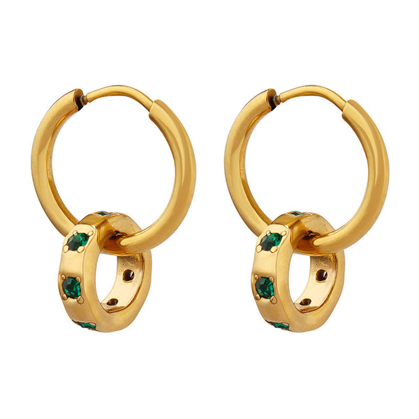 Jewelry, plain ring buckle with green zircon ring pendant earrings, titanium steel gold-plated earrings 99.