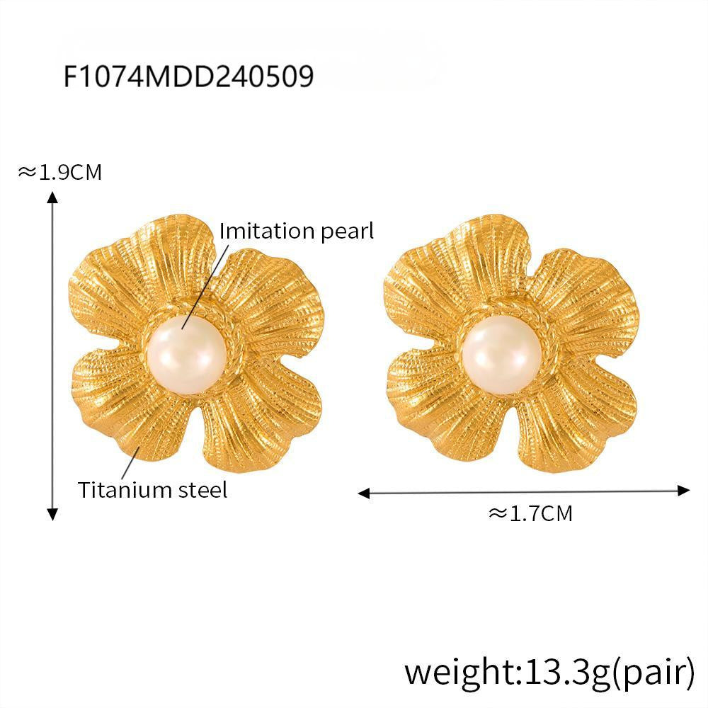 Textured petals flower inlaid bead stud earrings stainless steel electroplated 18K real gold earrings earrings combination