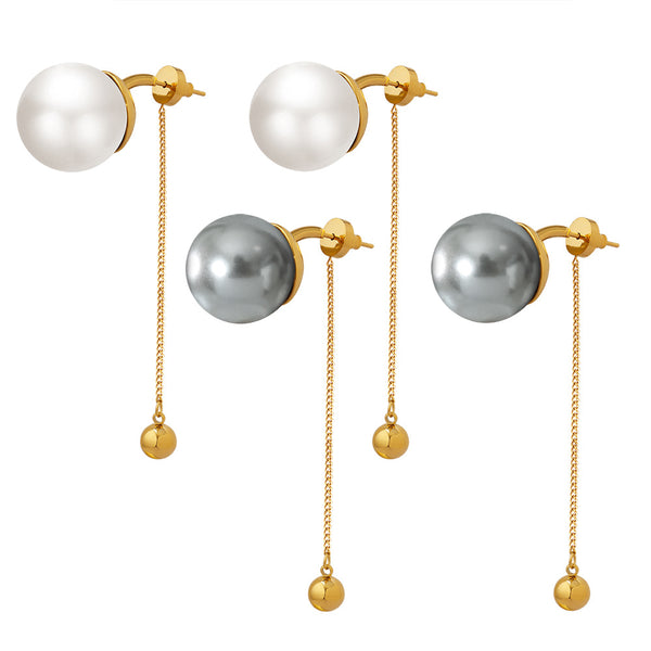 Exaggerated design fashionable personality imitation pearl white gray fringed earrings gold-plated chain steel ball pendant ear jewelry