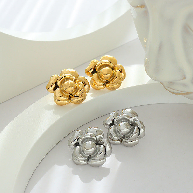 Wind Heavy Industry exaggerated retro big flower stud earrings texture titanium steel plated 18K gold manufacturer wholesale F04799