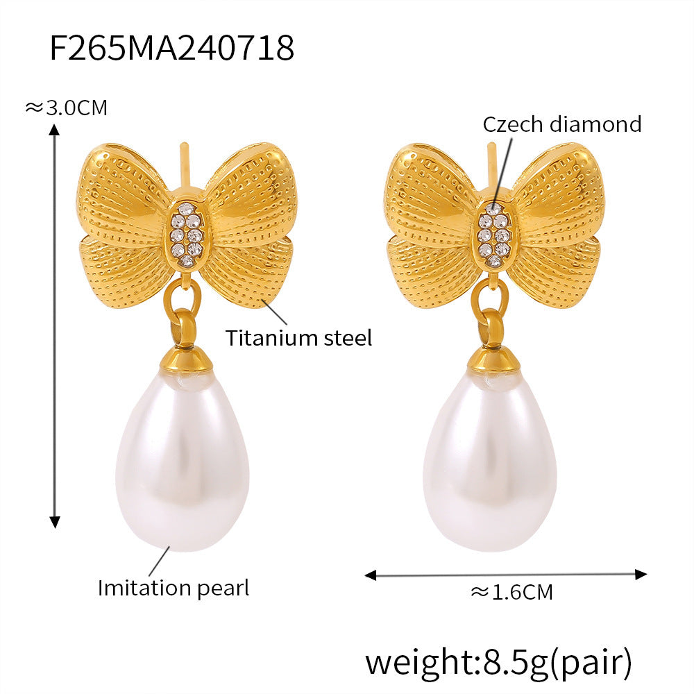 Bow tassel imitation pearl earrings women's niche diamond-set titanium steel-plated 18k gold fashion earrings 99
