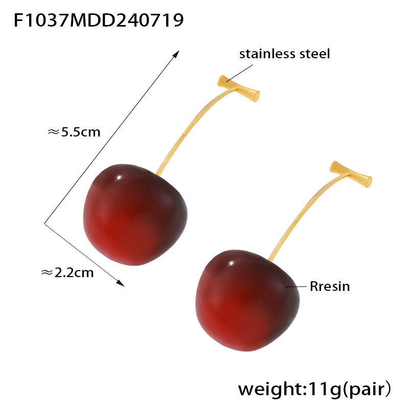 Small fresh cherry long earrings female personality Internet celebrity stainless steel resin cherries creative temperament stud earrings