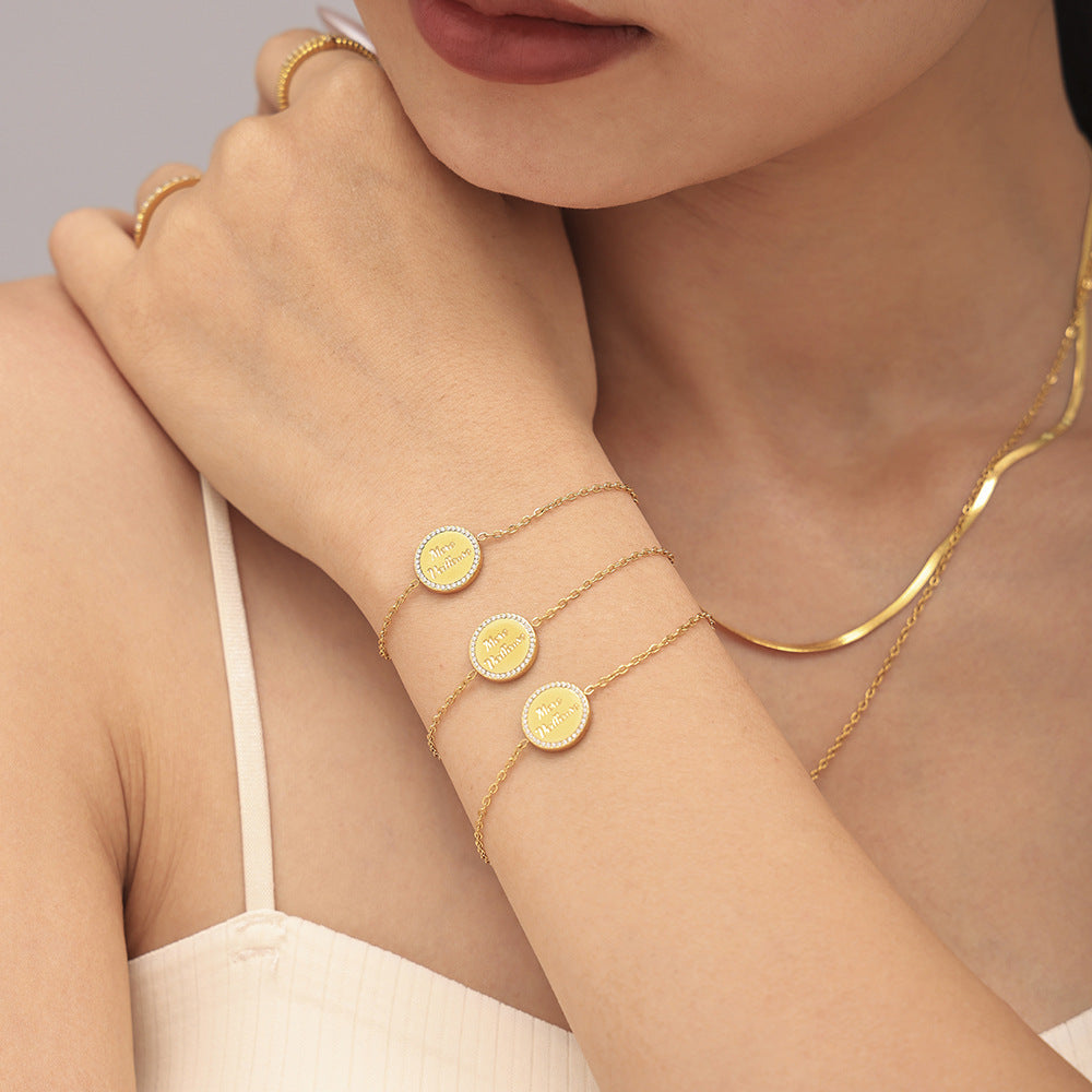 Diamond-encrusted gypsy double-sided meve letters stacked collarbone necklace bracelet exquisite titanium steel set pp