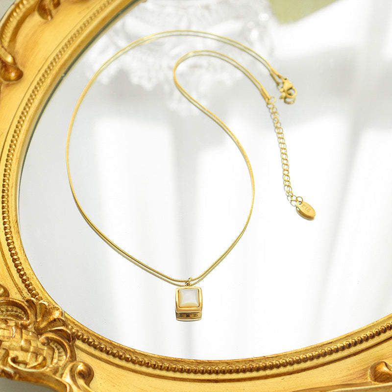 Cold wind square white sea shell pendant necklace niche design titanium steel plated 18K gold round snake chain jewelry 99