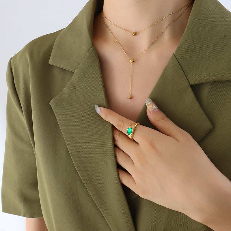 Cold wind minimalist design sense double layer stacked bead necklace female titanium steel fringed collarbone chain P671pp