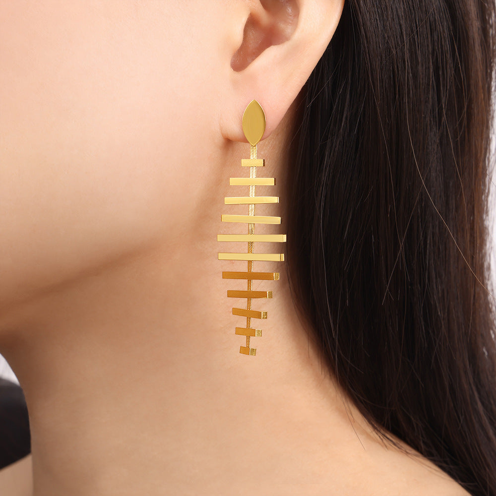 New personalized niche design fashion creative titanium steel plated 18K goldfish bone long earrings jewelry wholesale