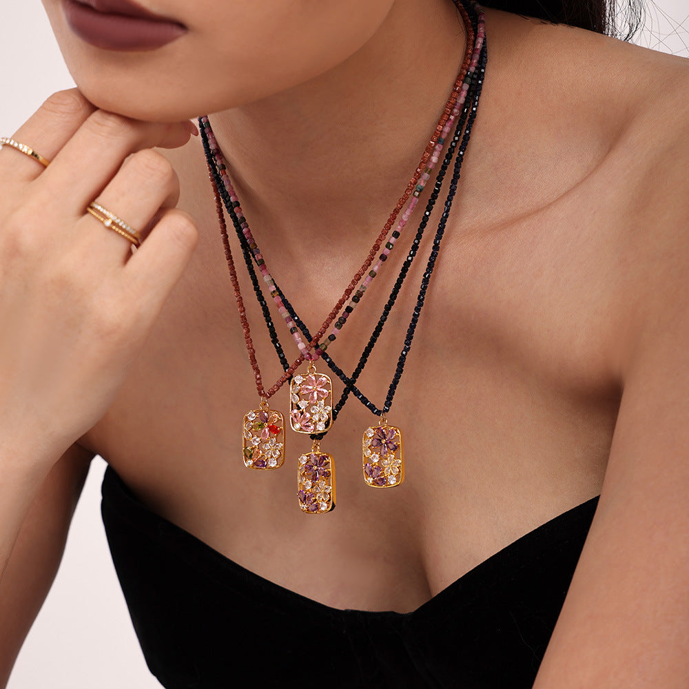 Color zircon small flower copper pendant necklace natural stone handmade beaded sugar cube luxury collarbone accessories spot