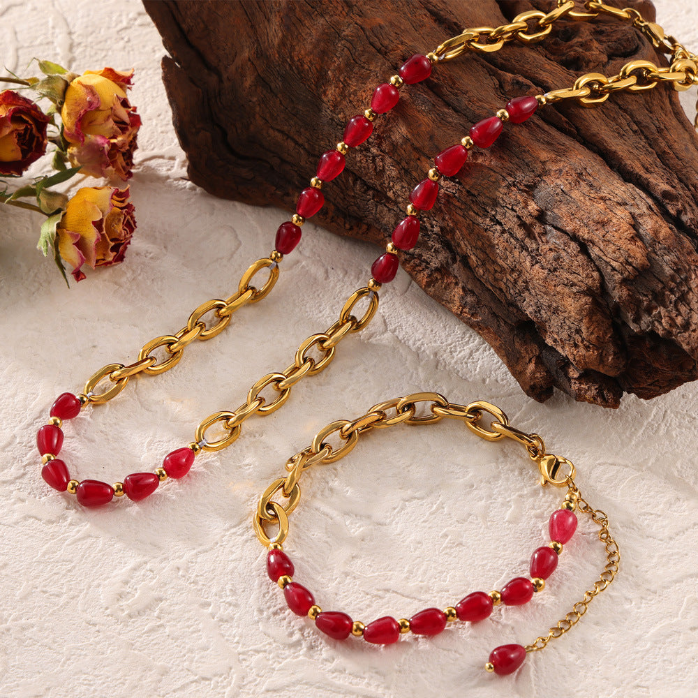 Temperament elegant jewelry agate garnet beaded design titanium steel gold-plated jewelry set 99