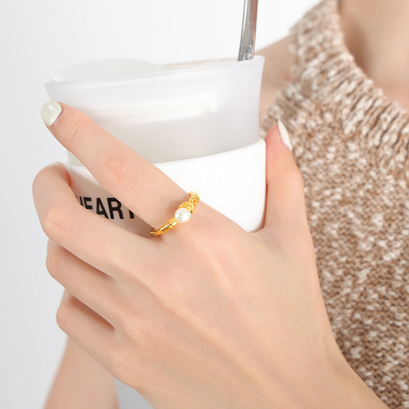 Regular metal wind inlaid natural freshwater pearl ring cold wind opening niche jewelry pp